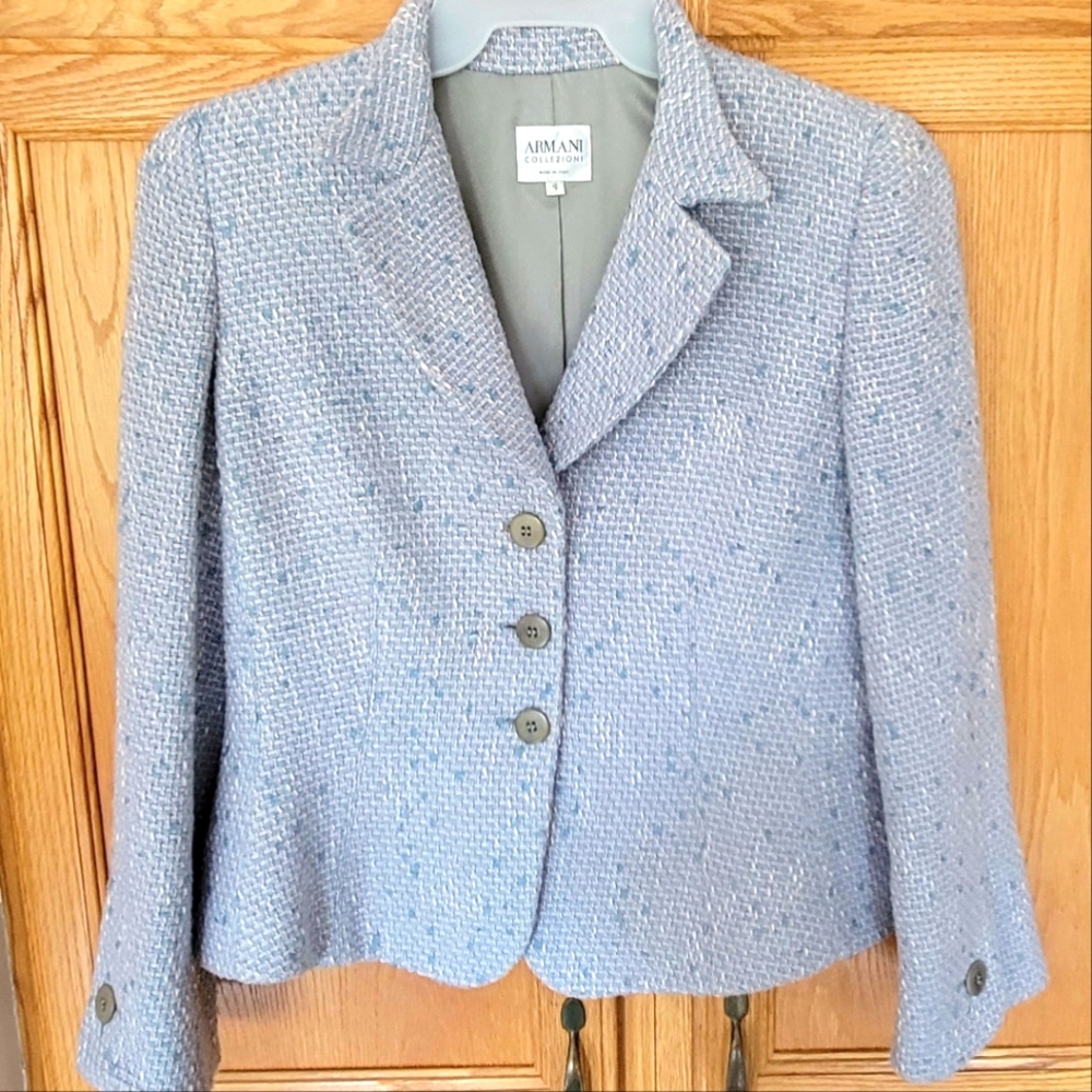 Armani Collezioni Wool Blazer pale blue with pink threading size 10